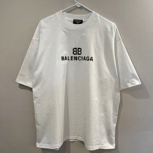 BALENCIAGA BB Pixel Logo White Tee Oversized Large Fit T Shirt
